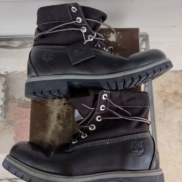 Rare Timberland Roll Top 6 Inch Black Smooth Leather Boots Timberland Fabric Top - Picture 9 of 13